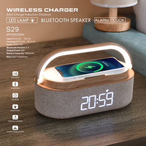 Wireless Charger Alarm Clock Bluetooth Speaker LED Smart Digital Clock USB Fast Charger Desktop Clock Fm Radio Dropshiping