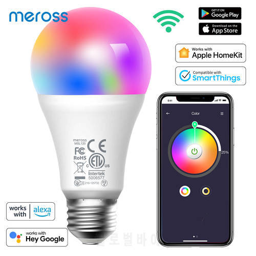 Meross HomeKit Smart LEDLight Bulb 9W WiFi RGBWW Lamp E27/E26/B22 Base White Dimmable Bulb Support Alexa Google Home SmartThings