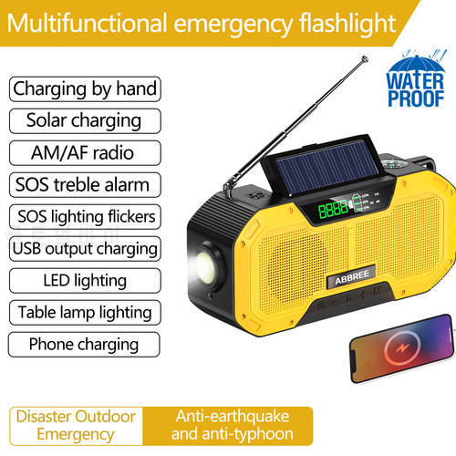 ABBREE Waterproof Emergency Radio Solar Crank Dynamo 2000mAh or 5000mAh Auto Scan AM/FM Handheld Radio Compass LED Flashlight