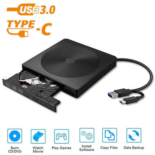 High Speed Writer CD DVD Burner USB3.0 Type C Slim External Optical Drive Player CD-RW Reader for Laptop/Notebook/Desktop
