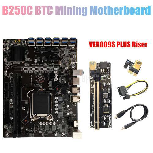 B250C BTC Mining Motherboard+009S Plus Riser 12XPCIE to USB3.0 GPU Slot LGA1151 Support DDR4 RAM Desktop Motherboard