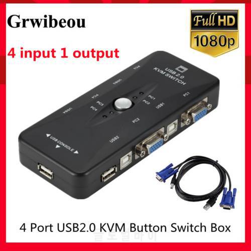 Grwibeou 4 Port KVM Switch USB 2.0 VGA Splitter Printer Mouse Keyboard Pendrive Share Switcher 1920*1440 VGA Switch Box Adapter