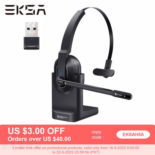 EKSA - H5 Bluetooth 5.0 Headsets, PC Wireless Headphones, 2 Mics ENC Earphones, with Charging Base USB Dongle for Office