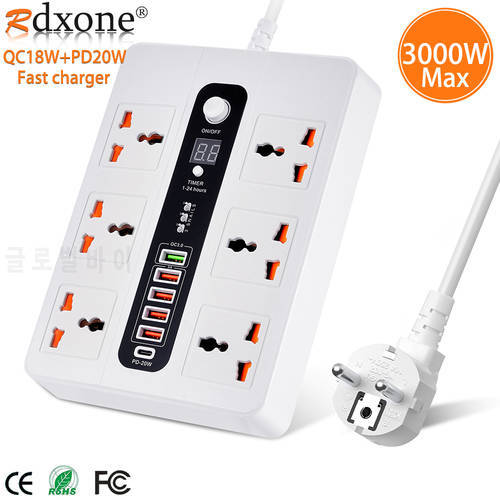 PD QC3.0 Fast Charger USB Power Strip With Switch Universal 6 AC Jack Extension Socket With Timer Socket 3000W