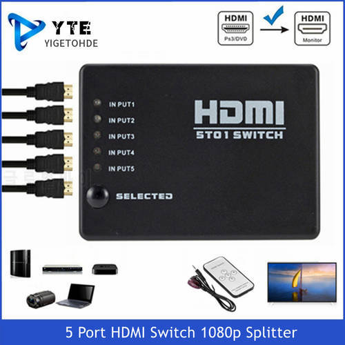 YIGETOHDE 5 Port HDMI Switch 1080p Selector Splitter Hub with IR Remote Controller for HDTV DVD BOX HDMI Switcher 5 In 1 Out