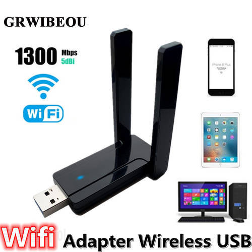 Grwibeou 1300Mbps Wireless USB WIFI Adapter Network Card Wifi Dongle USB for PC Laptop Ethernet Dual Band 2.4G 5G WiFi Receiver