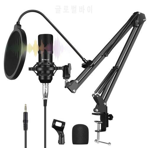 PULUZ Condenser Microphone Broadcast Singing Microphone Kits with Suspension Scissor Arm & Metal Shock Mount & USB Sound Card