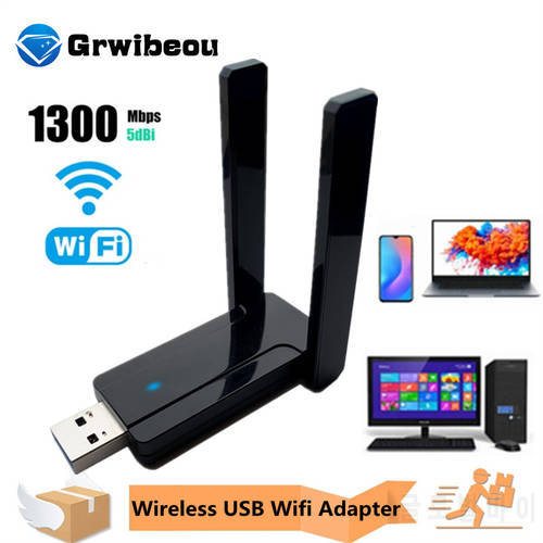 Grwibeou 1300Mbps Wireless USB WIFI Adapter Network Card Wifi Dongle USB for PC AP Ethernet Dual Band 2.4G 5G WiFi Receiver