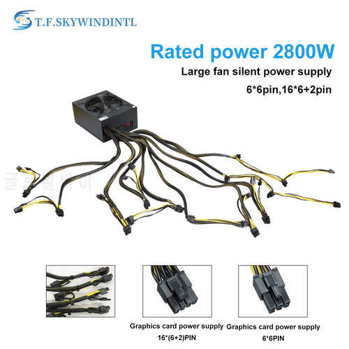 New T.F.SKYWINDINL 2800W 12V Mining ETH PC Power Supply For GPU Mining Equipment Miner 6pin 8pin pcie cable 110V 220V