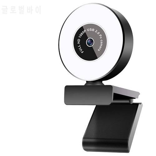 Webcam 1080P USB HD Live Auto Focus Built-in Microphone Webcam Adjustable LED Light for Live Video Home Office Meetings