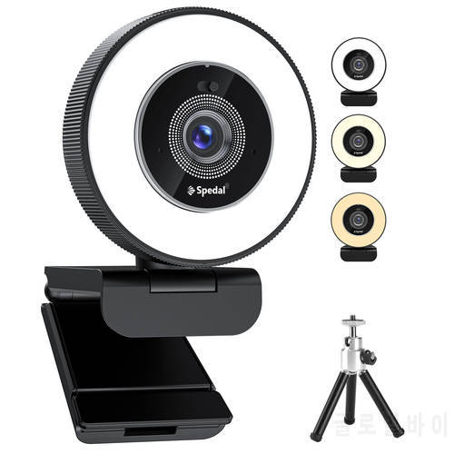 Spedal AF966 HD Webcam 4k 30fps with Adjustable Ring Light and Microphone, Autofocus Webcam with Privacy Cover, Zoom Skyp