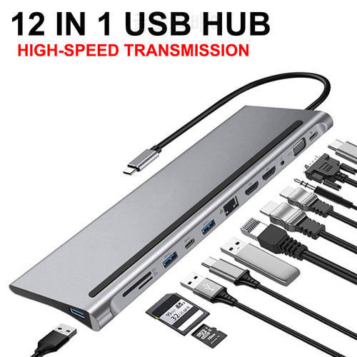 12 IN 1 USB C Hub to Dual 4K HD RJ45 VGA 3.5mm AUX 87W PD SD/TF Reader Multi-port USB Splitter Adapter for MacBook Huawei Laptop