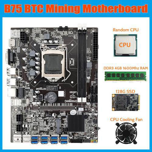 B75 USB BTC Mining Motherboard+CPU+Fan+DDR3 4GB 1600Mhz RAM+128G MSATA SSD LGA1155 8XPCIE to USB B75 BTC Motherboard
