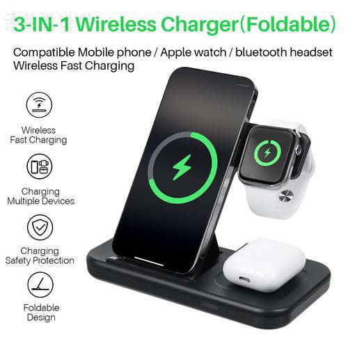 3 in1 15W Wireless Charger Induction Charging Stand for iPhone 13 12 11 8 X XS XR Apple Watch Foldable Charging Dock Station