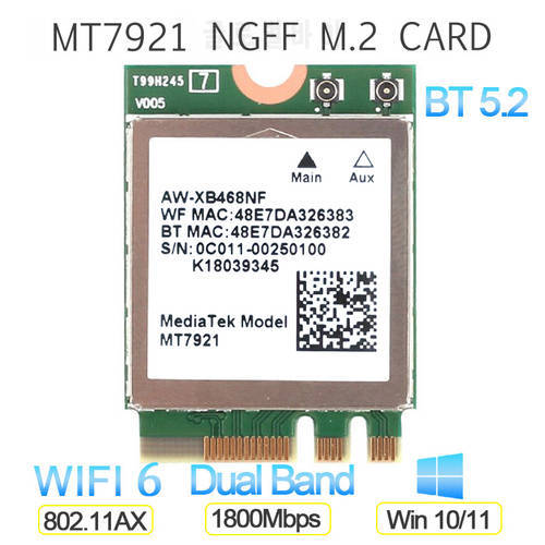 Used Wi-Fi 6 MediaTek MT7921k MT7921 1800M Bluetooth 5.2 desktop / notebook wireless wifi network card supports windows10 / 11