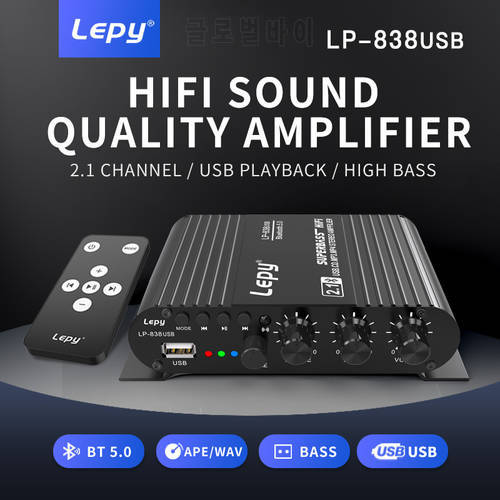 LEPY LP-838USB Bluetooth 5.0 Amplifier 2.1 3 Channel Super Bass Support USB Lossless Music Play With Remote Control Digital Amp