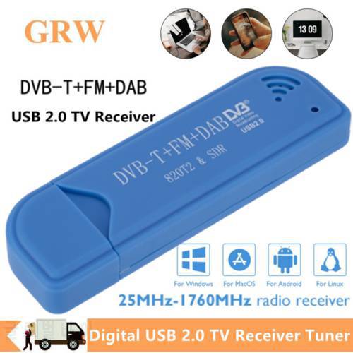 Digital USB 2.0 TV Receiver DAB FM DVB-T + DAB + FM R820T2 25MHz-1760MHz Receiving Frequency Tuner Dongle Stick with Antenna
