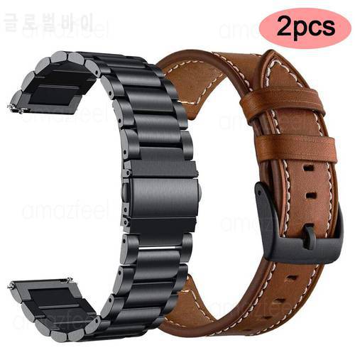 2pcs Metal watch band+Genuine Leather watch strap For Garmin Vivoactive 3 4 Music/Forerunner 645/245/158 Venu 2 Smartwatch band