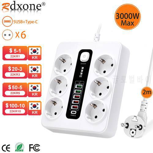 3000W EU Plug Strip Socket USB Power Strip USB Charge Station Adapter 6 AC Outlets Power Strip With Switch Extension Socket