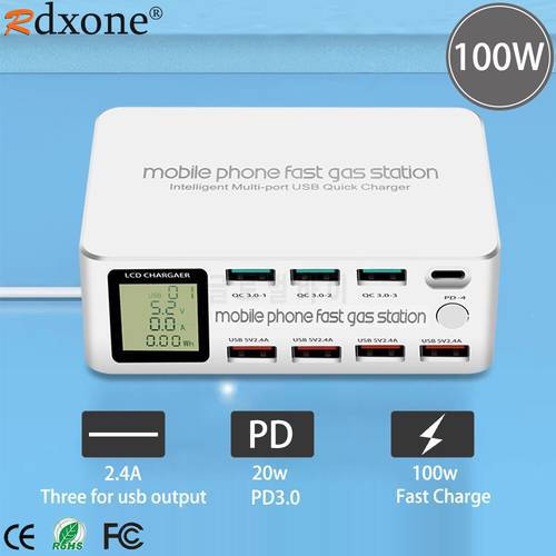 100W 8 Ports LCD Display USB Quick Charge QC3.0 Charger Adapter HUB Type C PD Fast Phone Charger For iPhone13 12 11Huawei Xiaomi