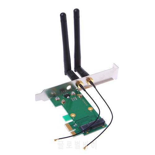 Wireless Wifi Network Card Mini PCI-E To PCI-E 1X Desktop Adapter + 2 Antennas