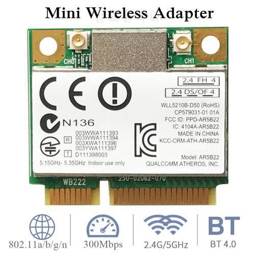 300Mbps Dual Band WiFi Adaptor Network Card Mini PCI-E Wireless Card Adapter 2.4G/5Ghz Bluetooth 4.0 802.11a/b/g/n for Laptop PC
