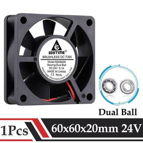 1Pcs Gdstime DC 24V 60mmx60mmx20mm 60mm Dual Ball Axial Industrial Case Cooler 6020 6cm Brushless Exhaust 3D Printer Cooling Fan