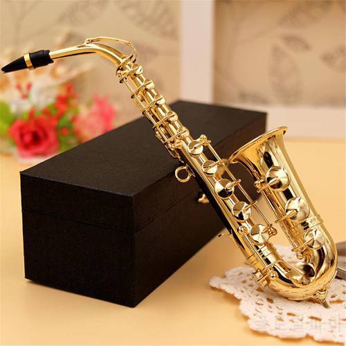 Mini Saxophone Model Musical Instrument Copper Brooch Miniature Desk Decor Display with box + bracket for Musical instrument
