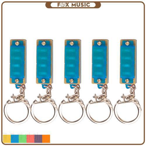 5 Pieces 4 Hole 8 Tone Mini Harmonica Keychain Key Rings Toy Gift Blue For Music Musical Instrument