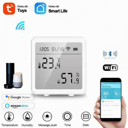 Tuya Smart Home Temperature Sensor,Indoor LCD Display Hygrometer Sensor Remote Monitor Alarm Smart Life For Alexa Google Home