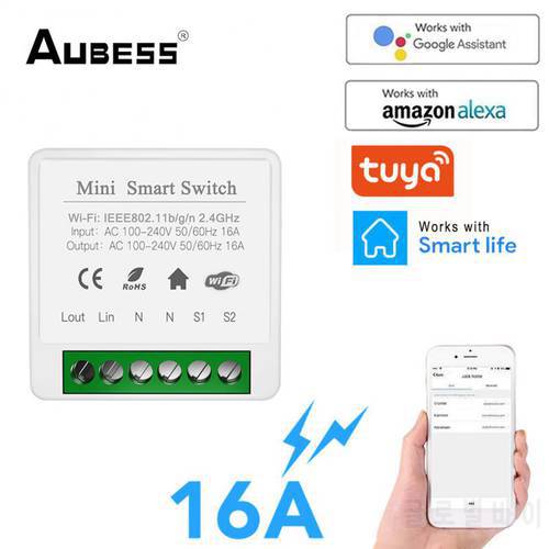 Aubess Wifi Smart Switch Module 16A 2-way Control Timer Breaker Module MINI Switches Smart Home Work With Alexa Google Home Tuya