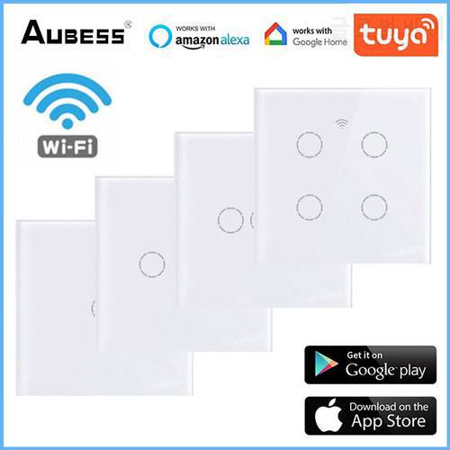 Aubess Tuya WiFi Smart Switch AC 220V 4 Touch Screen Panel Light Switch Smart Life APP Control Works With Alexa Google Home