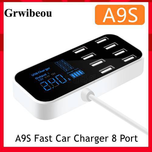 Grwibeou A9S Fast Car Charger 8 Port Multi USB LCD Display Phone Charger 12V Battery Charger USB Hub for Phone Tablets GPS DVR