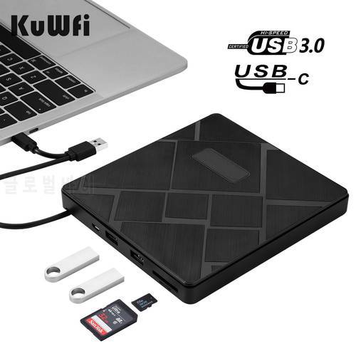 KuWFi USB3.0+Type-C DVD Burner DVD RW CD Writer External Optical Drive CD/DVD Player TF/SD Card Reader for Mac Laptop Windows PC
