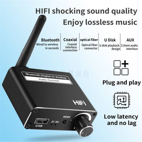 Wireless Bluetooth 5.0 Digital To Analog 192kHz DAC Converter With Headphone Optical Coaxial Amp 3.5mm Support USB Audio Adapter
