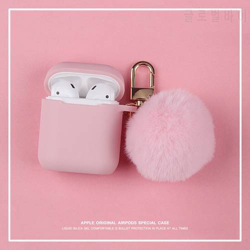 Cute Winter funny Pink fox fur Ball plush keychain Earphone silicon case For Airpods 1 2 Protective Wireless Bluetooth Headset