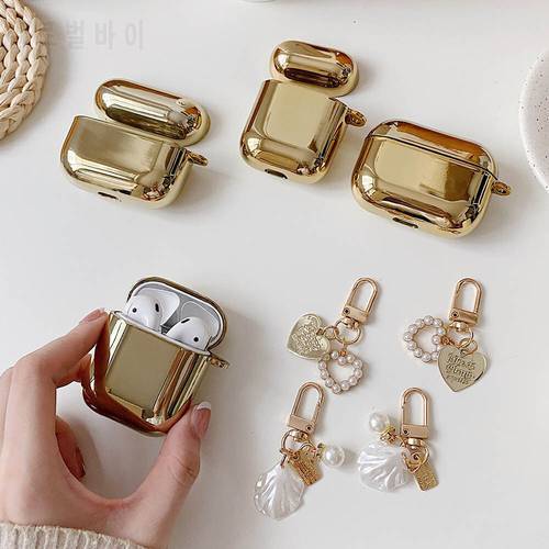 Electroplated Gold Earphone Case for Apple AirPods 1 2 Pro 3 AirPod Case Cute Plating Pearl Ornaments Keyring Soft Cover funda