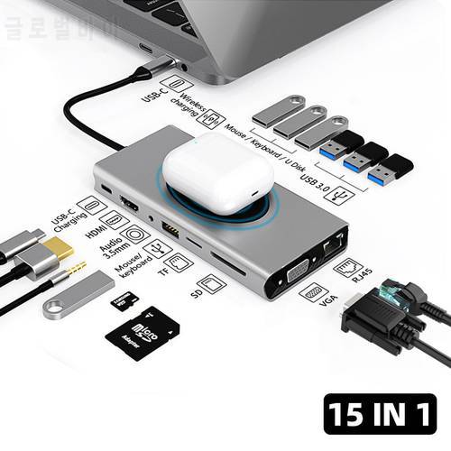 Type C USB Hub Adapter Docking Station Type C Hub To HDMI-compatible 100W Wireless Charging USB 3.0 Adapter Laptop Accessories