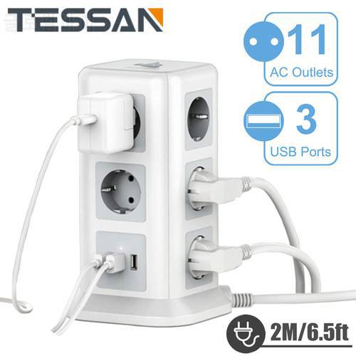 TESSAN EU Plug Power Strip Tower 2500W with 3/8/11 AC Outlets + 3 USB Ports + On/Off Switch, Multi Socket Power Strip 2m Cable