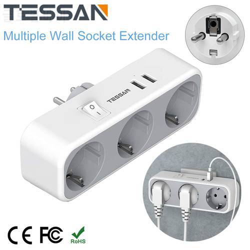TESSAN USB Charger Wall Plug Power Adapter with 1/2/3 AC Outlets + 2 USB Ports (2.4A) European Sockets Power Strip for Home