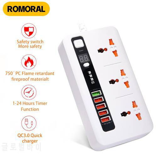 2500W Universal Electrical Socket QC3.0 Smart Power Strip 3 AC Jack Outlet LED Display Timer Switch Socket 2M Extension Cord