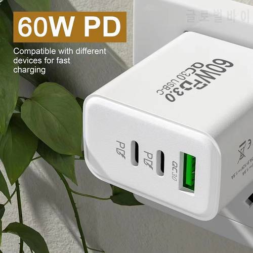 USB Charger 60W USB-C Fast Wall Charge for iPhone 14 13 12 Pro Max Huawei LG Xiaomi PD Type C Fast Charge for Tablet US EU Plug