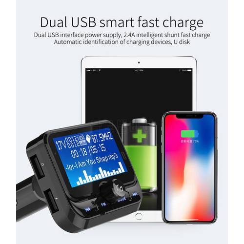Car Wireless Bluetooth MP3 Player FM Transmitter Modulator Hands-free Dual USB Support TFAUX Car Charger Fast Intelligent Charge
