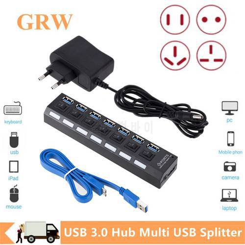 Grwibeou USB 3.0 Hub Multi USB Splitter 3 Hab Use Power Adapter 7 Port Multiple Expander USB 3.0 Hub with Switch For PC Computer