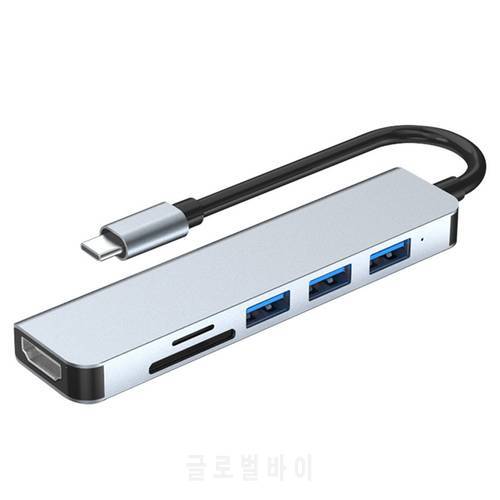 6-in-1 Type-C Hub Multifunctional Type-C Converter Aluminum Alloy Shell with USB3.0 USB2.0 HD Ports TF SD Card Slots