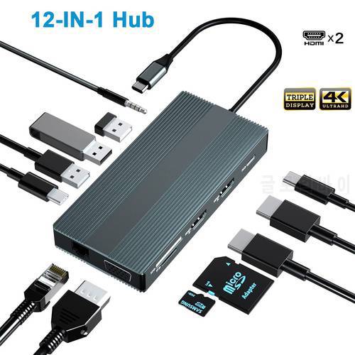 USB C Hub Docking Station Dual Monitor Type C to Dual HDMI+VGA Adapter with 1000M RJ45 SD/TF Audio 100W PD for MacBook Surface