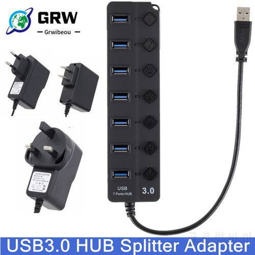 GRWIBEOU USB 3.0 HUB Multi USB Splitter 7 Port Expander Multiple USB 3.0 Hab Use Power Adapter USB3.0 with Switch For PC