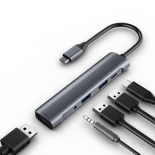 5in1 USB C HUB Docking Station Type C To USB 3.0/2.0 3.5mm Audio Jack PD 60W Fast Charging Type-C Adapter For Macbook
