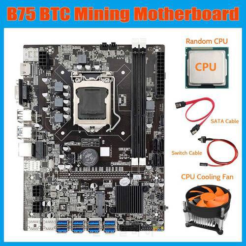 B75 ETH Mining Motherboard+Random CPU+Cooling Fan+Switch Cable LGA1155 8XPCIE USB Adapter DDR3 MSATA B75 USB Motherboard