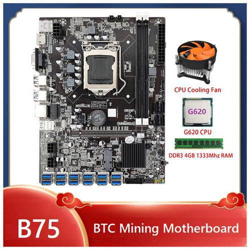 B75 ETH Mining Motherboard 12XPCIE To USB Adapter+G620 CPU+DDR3 4GB 1333Mhz RAM+Cooling Fan B75 USB BTC Motherboard